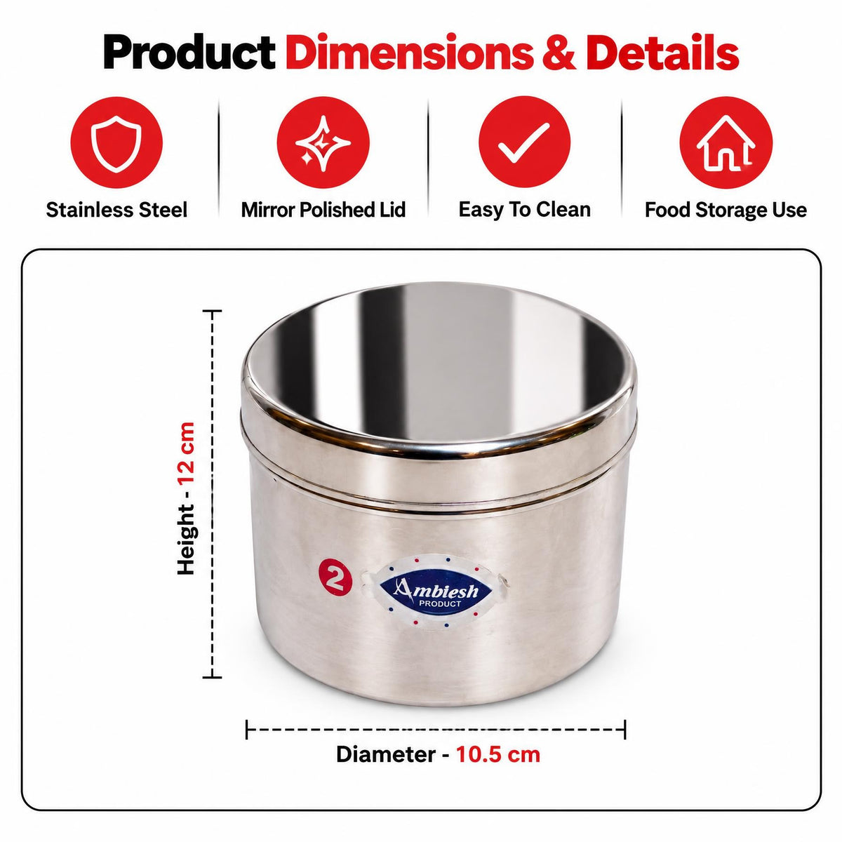 Stainless Steel Thookku, Cylindrical Lunch Container with Domed Lid & Dual Handles, for Office Meals, Home Storage & Daily Packed Lunches [Polished Finish, Secure Locking Lid]